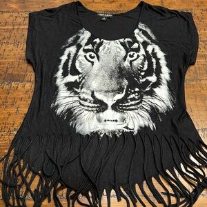 Black Tiger Print Fringe Top